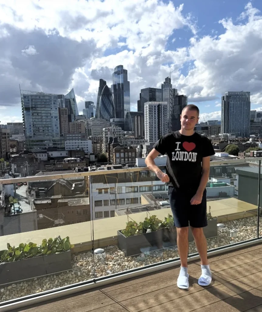 Liam on a London balcony